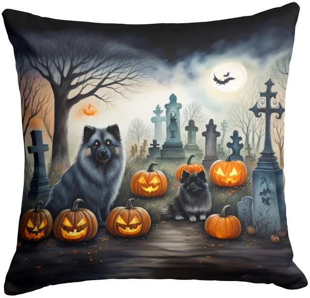 Main image of Keeshond Spooky Halloween Throw Pillow Machine Washable, Indoor Outdoor Decorative Pillow for Couch, Bed or Patio, 18Hx18W