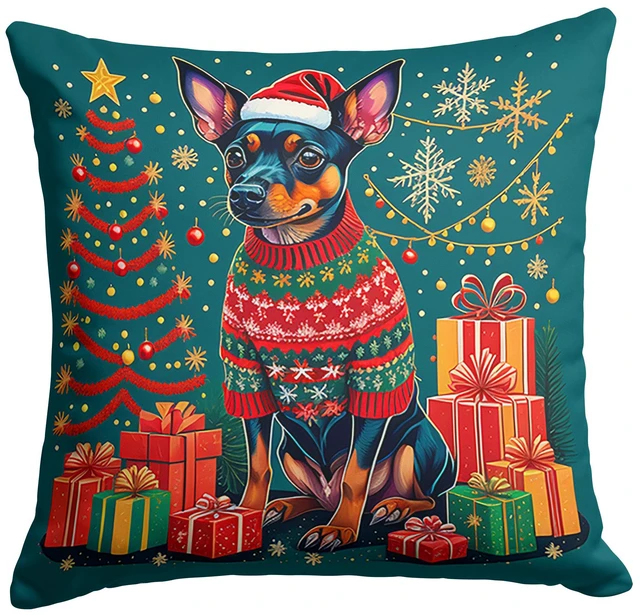 Main image of Miniature Pinscher Christmas Throw Pillow Machine Washable, Indoor Outdoor Decorative Pillow for Couch, Bed or Patio, 18Hx18W