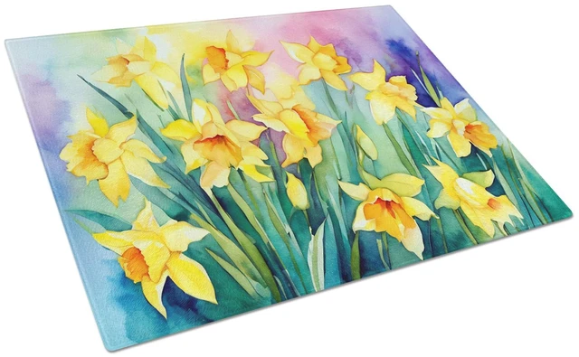 Main image of NEW Daffodils in Watercolor Glass Cutting Board Decorative Tempered Glass Kitchen Cutting and Serving Board Large Size Chopping