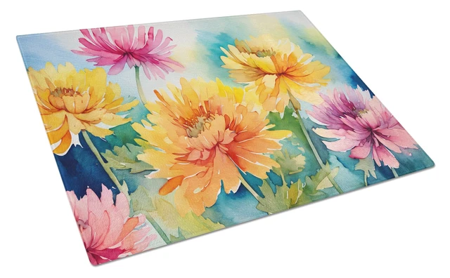 Main image of NEW Chrysanthemums in Watercolor Glass Cutting Board Decorative Tempered Glass Kitchen Cutting and Serving Board Large Size Chop