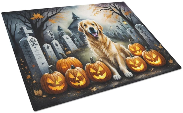 Main image of NEW Golden Retriever Spooky Halloween Glass Cutting Board Decorative Tempered Glass Kitchen Cutting and Serving Board Large Size