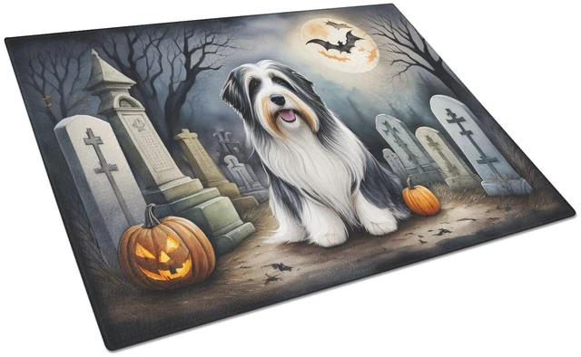 Main image of NEW Bearded Collie Spooky Halloween Glass Cutting Board Decorative Tempered Glass Kitchen Cutting and Serving Board Large Size C