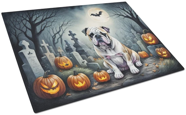 Main image of NEW English Bulldog Spooky Halloween Glass Cutting Board Decorative Tempered Glass Kitchen Cutting and Serving Board Large Size