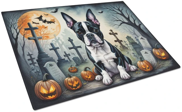 Main image of NEW Boston Terrier Spooky Halloween Glass Cutting Board Decorative Tempered Glass Kitchen Cutting and Serving Board Large Size C