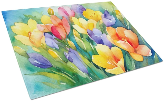 Main image of NEW Freesias in Watercolor Glass Cutting Board Decorative Tempered Glass Kitchen Cutting and Serving Board Large Size Chopping B