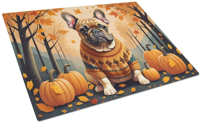 Main image of NEW Fawn French Bulldog Fall Glass Cutting Board Decorative Tempered Glass Kitchen Cutting and Serving Board Large Size Chopping