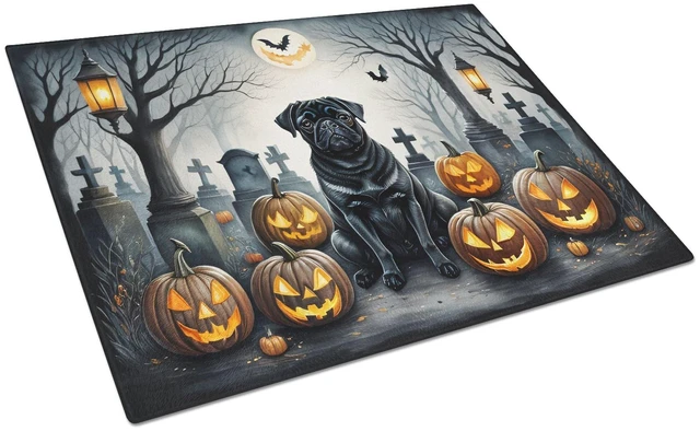 Main image of NEW Black Pug Spooky Halloween Glass Cutting Board Decorative Tempered Glass Kitchen Cutting and Serving Board Large Size Choppi