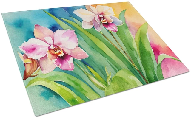 Main image of NEW Orchids in Watercolor Glass Cutting Board Decorative Tempered Glass Kitchen Cutting and Serving Board Large Size Chopping Bo