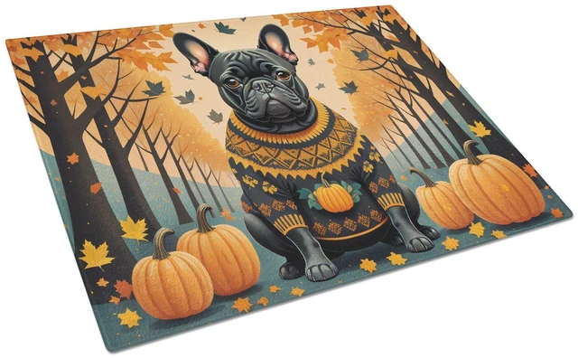 Main image of NEW Black French Bulldog Fall Glass Cutting Board Decorative Tempered Glass Kitchen Cutting and Serving Board Large Size Choppin