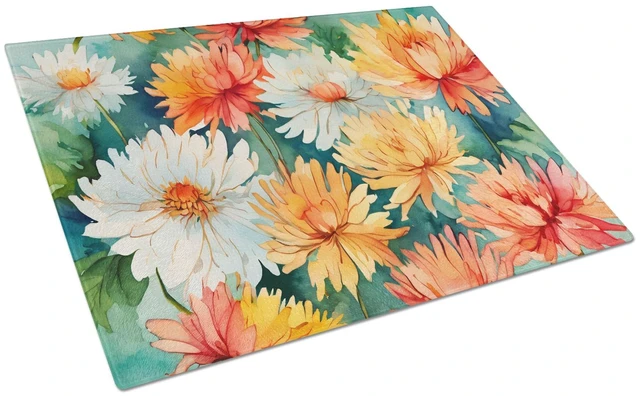 Main image of NEW Chrysanthemums in Watercolor Glass Cutting Board Decorative Tempered Glass Kitchen Cutting and Serving Board Large Size Chop