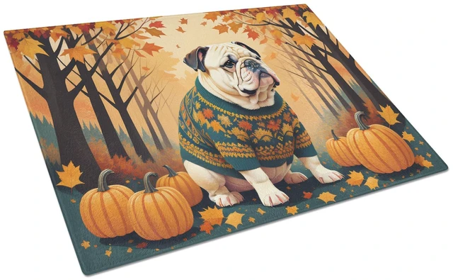 Main image of NEW White English Bulldog Fall Glass Cutting Board Decorative Tempered Glass Kitchen Cutting and Serving Board Large Size Choppi