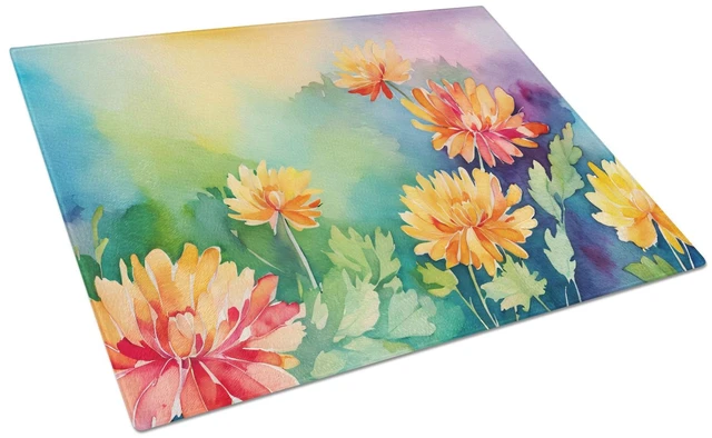 Main image of NEW Chrysanthemums in Watercolor Glass Cutting Board Decorative Tempered Glass Kitchen Cutting and Serving Board Large Size Chop