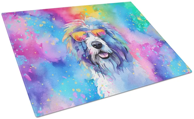 Main image of NEW Old English Sheepdog Hippie Dawg Glass Cutting Board Decorative Tempered Glass Kitchen Cutting and Serving Board Large Size