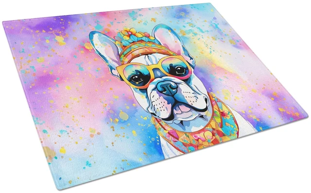 Main image of NEW French Bulldog Hippie Dawg Glass Cutting Board Decorative Tempered Glass Kitchen Cutting and Serving Board Large Size Choppi