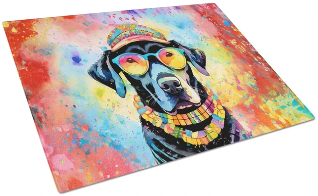 Main image of NEW Black Labrador Hippie Dawg Glass Cutting Board Decorative Tempered Glass Kitchen Cutting and Serving Board Large Size Choppi