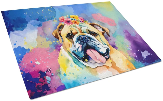 Main image of NEW English Bulldog Hippie Dawg Glass Cutting Board Decorative Tempered Glass Kitchen Cutting and Serving Board Large Size Chopp