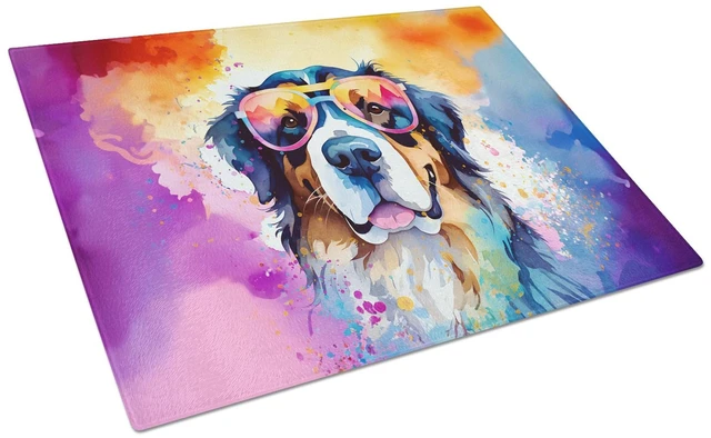 Main image of NEW Bernese Mountain Dog Hippie Dawg Glass Cutting Board Decorative Tempered Glass Kitchen Cutting and Serving Board Large Size