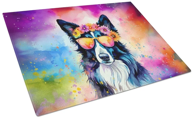 Main image of NEW Border Collie Hippie Dawg Glass Cutting Board Decorative Tempered Glass Kitchen Cutting and Serving Board Large Size Choppin