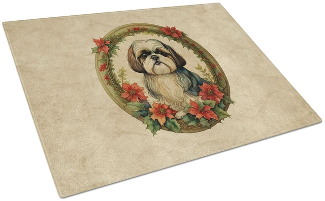 Main image of NEW Shih Tzu Christmas Flowers Glass Cutting Board Decorative Tempered Glass Kitchen Cutting and Serving Board Large Size Choppi