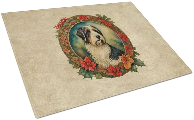 Main image of NEW Bearded Collie Christmas Flowers Glass Cutting Board Decorative Tempered Glass Kitchen Cutting and Serving Board Large Size