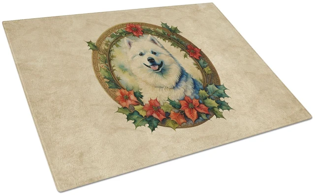 Main image of Samoyed Christmas Flowers Glass Cutting Board Decorative Tempered Glass Kitchen Cutting and Serving Board Large Size Chopping Bo
