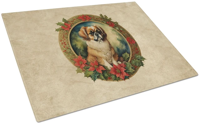 Main image of Tibetan Spaniel Christmas Flowers Glass Cutting Board Decorative Tempered Glass Kitchen Cutting and Serving Board Large Size Cho