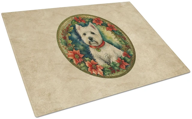 Main image of NEW Westie Christmas Flowers Glass Cutting Board Decorative Tempered Glass Kitchen Cutting and Serving Board Large Size Chopping
