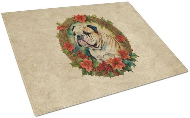 Main image of NEW English Bulldog Christmas Flowers Glass Cutting Board Decorative Tempered Glass Kitchen Cutting and Serving Board Large Size