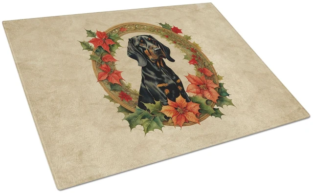 Main image of NEW Black and Tan Coonhound Christmas Flowers Glass Cutting Board Decorative Tempered Glass Kitchen Cutting and Serving Board La