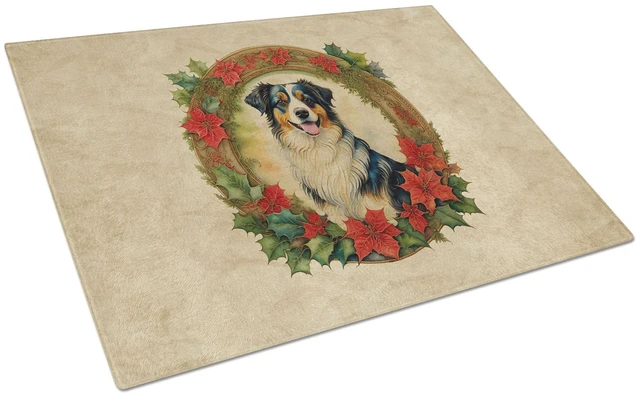 Main image of NEW Australian Shepherd Christmas Flowers Glass Cutting Board Decorative Tempered Glass Kitchen Cutting and Serving Board Large