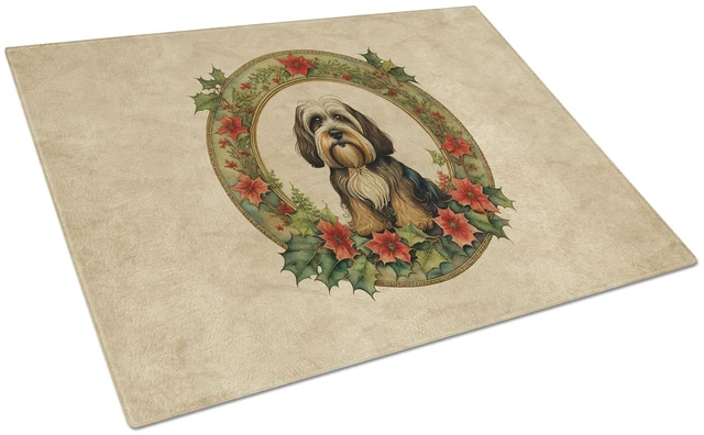 Main image of NEW Tibetan Terrier Christmas Flowers Glass Cutting Board Decorative Tempered Glass Kitchen Cutting and Serving Board Large Size