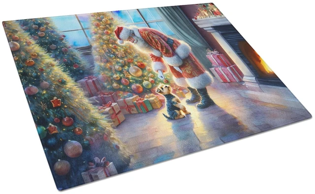 Main image of NEW Australian Terrier and Santa Claus Glass Cutting Board Decorative Tempered Glass Kitchen Cutting and Serving Board Large Siz