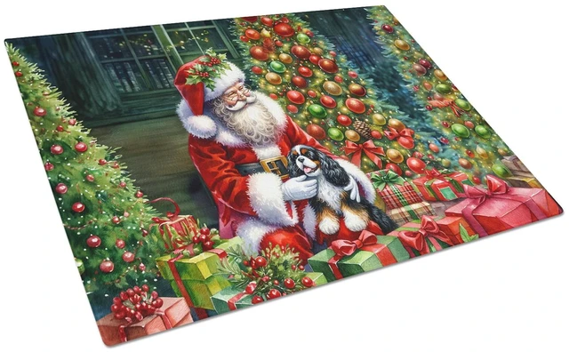 Main image of NEW Cavalier Spaniel and Santa Claus Glass Cutting Board Decorative Tempered Glass Kitchen Cutting and Serving Board Large Size