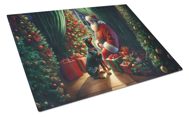 Main image of NEW Doberman Pinscher and Santa Claus Glass Cutting Board Decorative Tempered Glass Kitchen Cutting and Serving Board Large Size