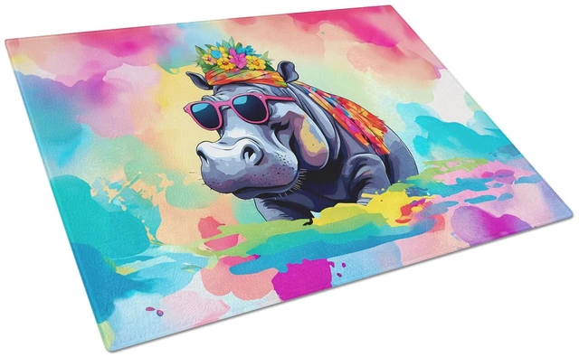 Main image of Hippie Animal Hippopotamus Glass Cutting Board Decorative Tempered Glass Kitchen Cutting and Serving Board Large Size Chopping B