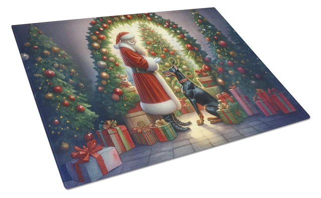 Main image of NEW Doberman Pinscher and Santa Claus Glass Cutting Board Decorative Tempered Glass Kitchen Cutting and Serving Board Large Size