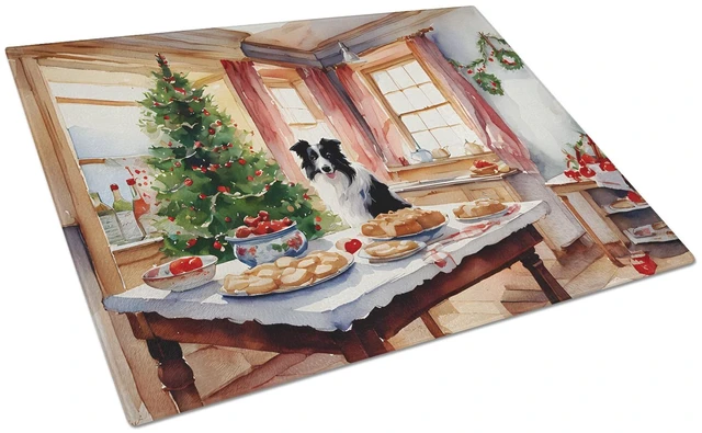 Main image of Border Collie Christmas Cookies Glass Cutting Board Decorative Tempered Glass Kitchen Cutting and Serving Board Large Size Chopp