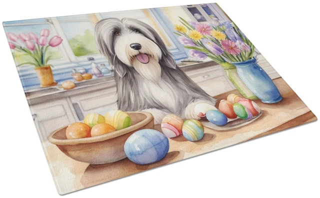 Main image of NEW Decorating Easter Bearded Collie Glass Cutting Board Decorative Tempered Glass Kitchen Cutting and Serving Board Large Size