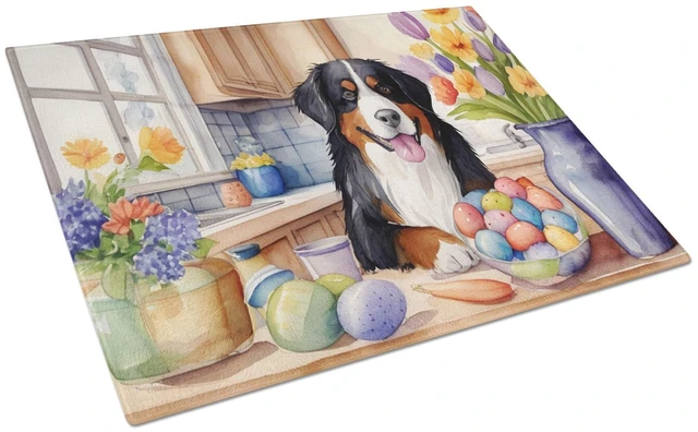 Main image of NEW Decorating Easter Bernese Mountain Dog Glass Cutting Board Decorative Tempered Glass Kitchen Cutting and Serving Board Large