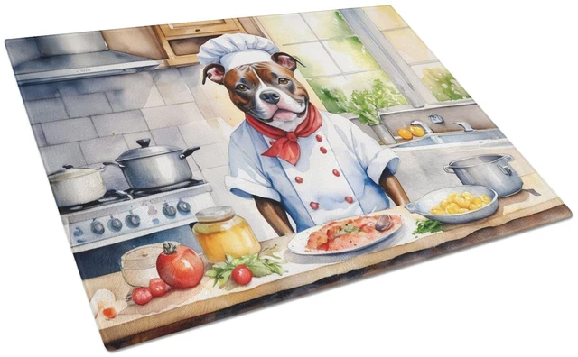 Main image of NEW Staffordshire Bull Terrier The Chef Glass Cutting Board Decorative Tempered Glass Kitchen Cutting and Serving Board Large Si