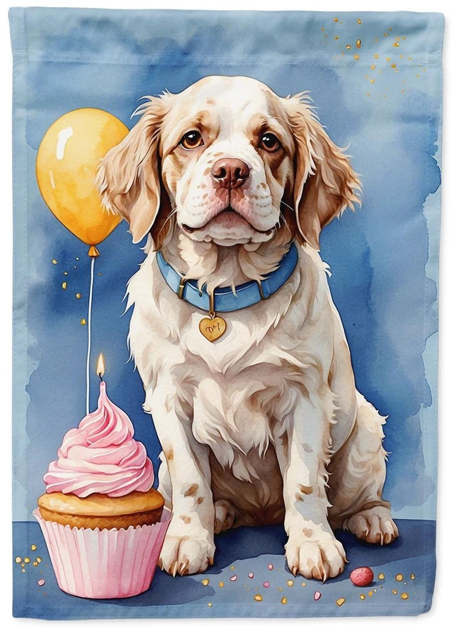 Main image of Clumber Spaniel Happy Birthday House Flag Large Porch Sleeve Pole Decorative Outside Yard Banner Artwork Wall Hanging, Polyester