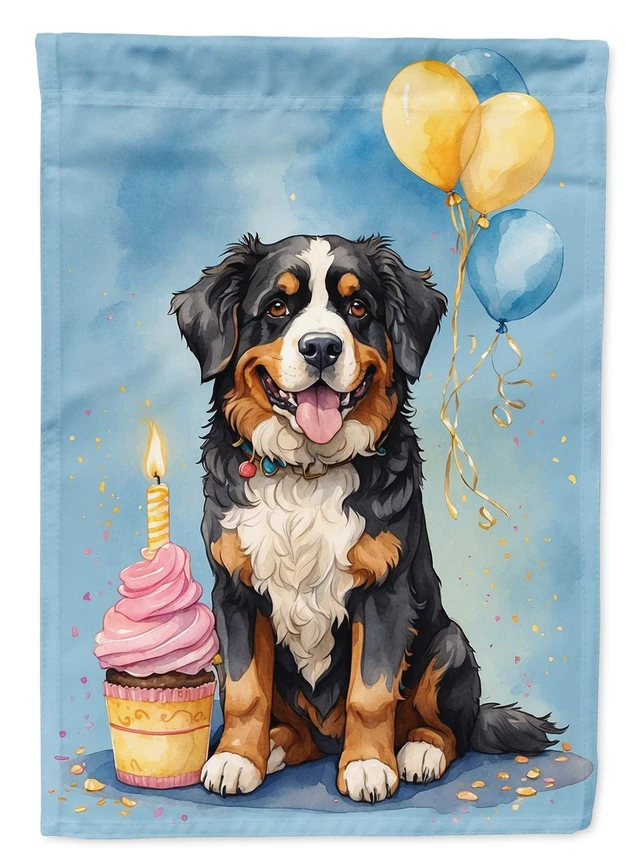 Main image of Bernese Mountain Dog Happy Birthday House Flag Large Porch Sleeve Pole Decorative Outside Yard Banner Artwork Wall Hanging, Poly