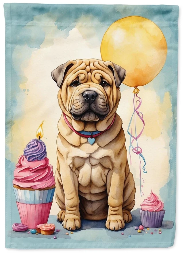 Main image of Shar Pei Happy Birthday Garden Flag Mailbox Flag Decorative Yard Flag Banner Outside Patio Artwork Yard Flower Beds, Garden Size