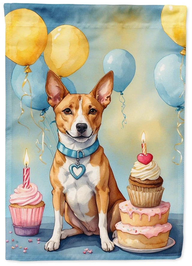 Main image of Basenji Happy Birthday House Flag Large Porch Sleeve Pole Decorative Outside Yard Banner Artwork Wall Hanging, Polyester, House
