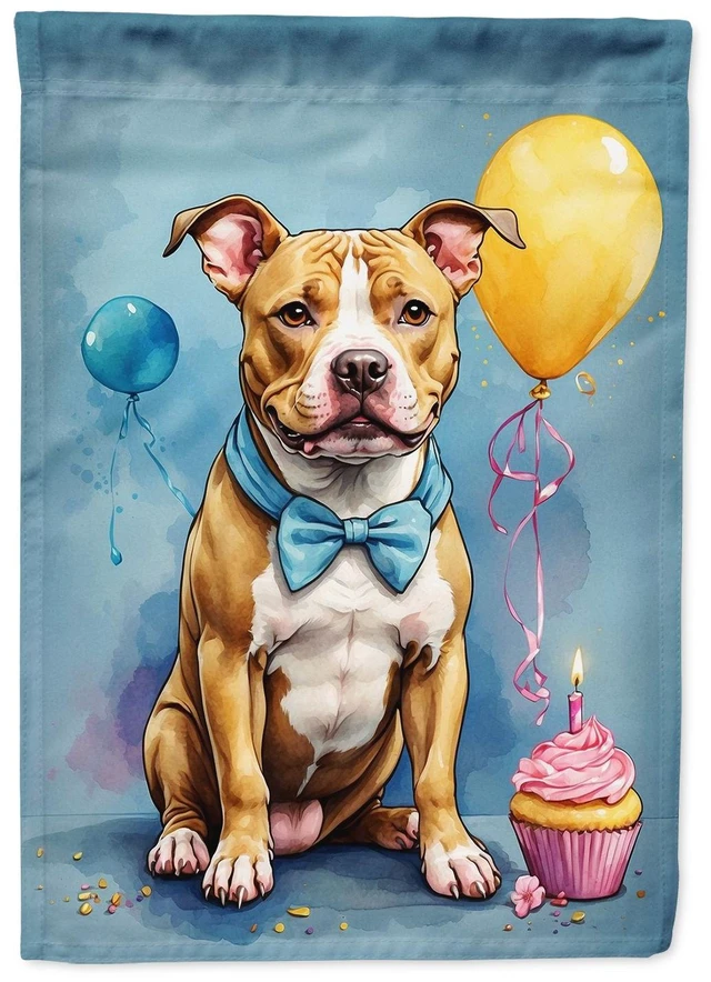 Main image of Pit Bull Terrier Happy Birthday House Flag Large Porch Sleeve Pole Decorative Outside Yard Banner Artwork Wall Hanging, Polyeste