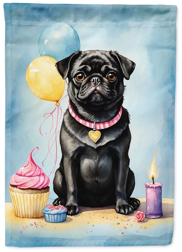 Main image of Black Pug Happy Birthday Garden Flag Mailbox Flag Decorative Yard Flag Banner Outside Patio Artwork Yard Flower Beds, Garden Siz