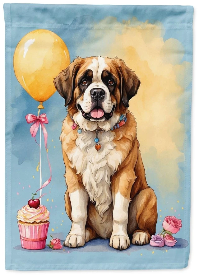 Main image of Saint Bernard Happy Birthday Garden Flag Mailbox Flag Decorative Yard Flag Banner Outside Patio Artwork Yard Flower Beds, Garden