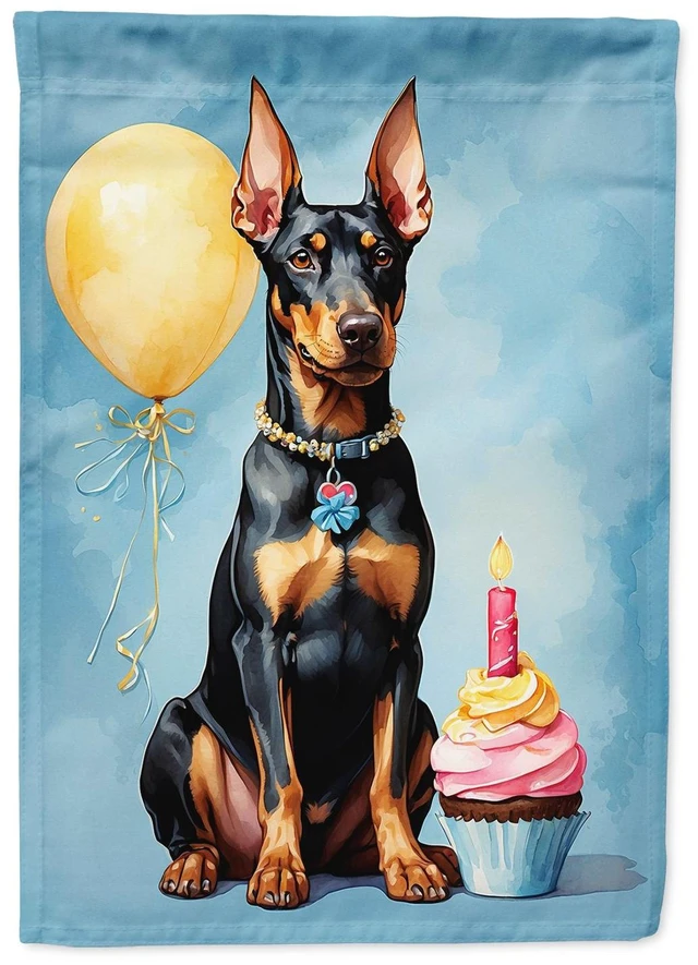 Main image of Doberman Pinscher Happy Birthday House Flag Large Porch Sleeve Pole Decorative Outside Yard Banner Artwork Wall Hanging, Polyest