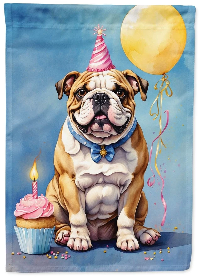 Main image of English Bulldog Happy Birthday House Flag Large Porch Sleeve Pole Decorative Outside Yard Banner Artwork Wall Hanging, Polyester