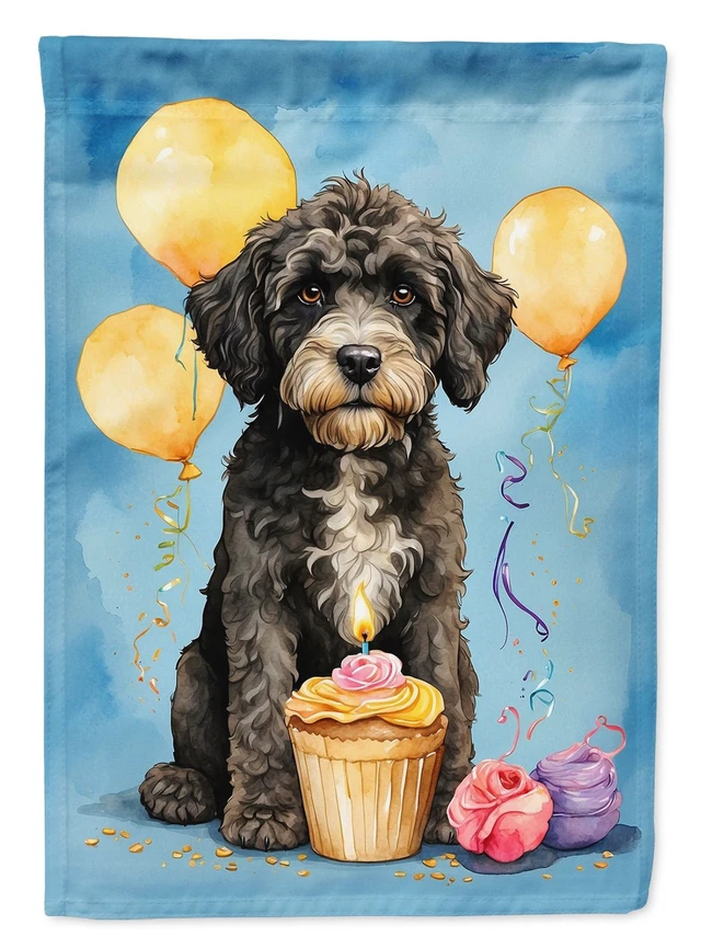 Main image of Portuguese Water Dog Happy Birthday House Flag Large Porch Sleeve Pole Decorative Outside Yard Banner Artwork Wall Hanging, Poly